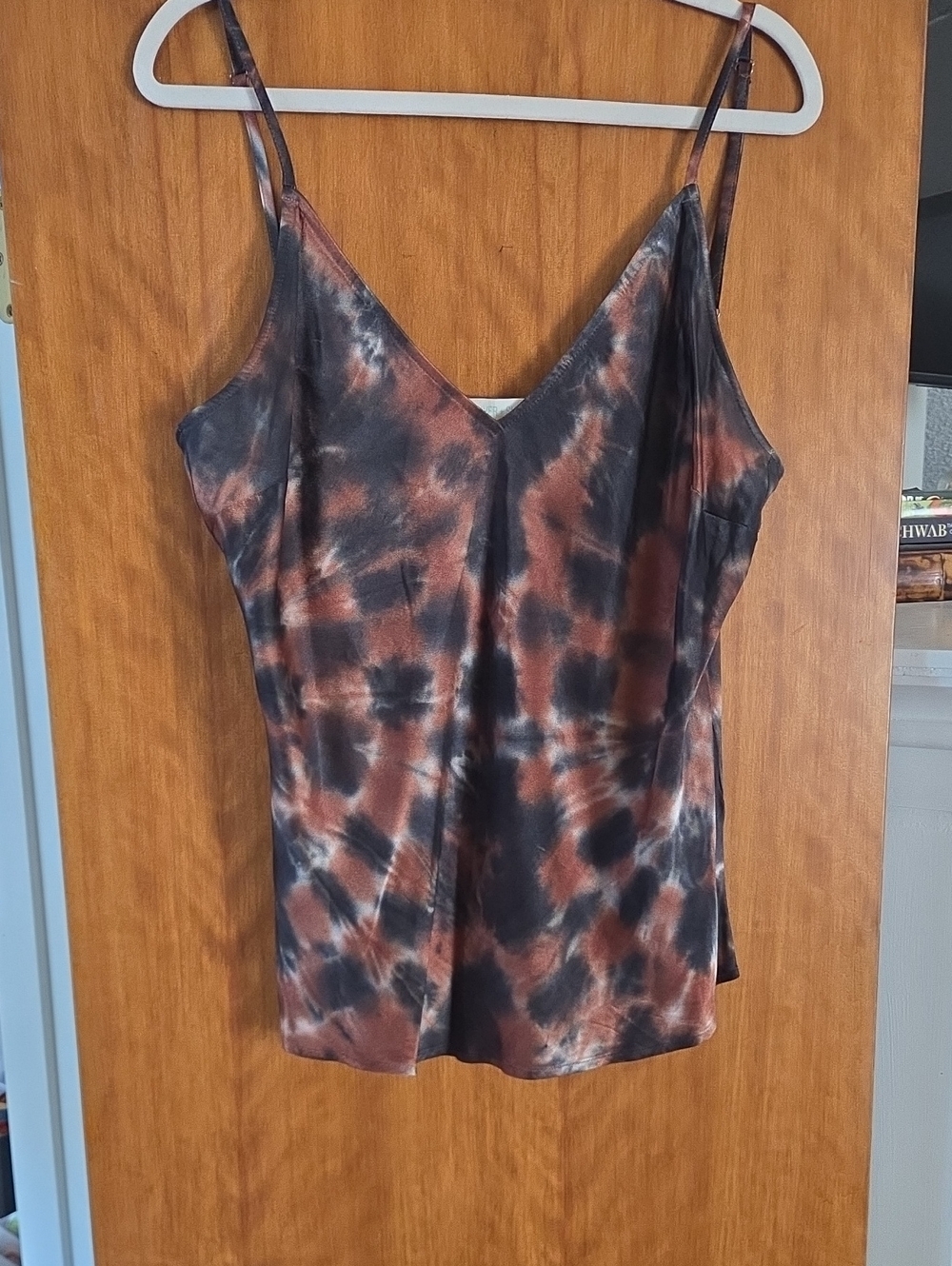 RIVER + SKY Tie-Dye V-Neck Satin Cami Tank Top - Brown & Black